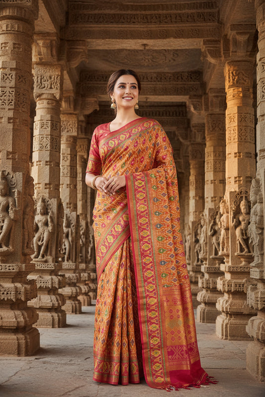Mustard Pink Patola Print Cotton Silk Saree