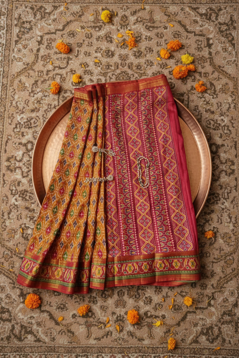 Mustard Pink Patola Print Cotton Silk Saree