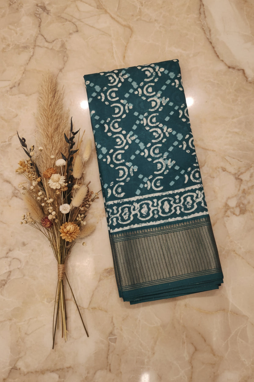 Green Geometric Print Dola Silk Saree