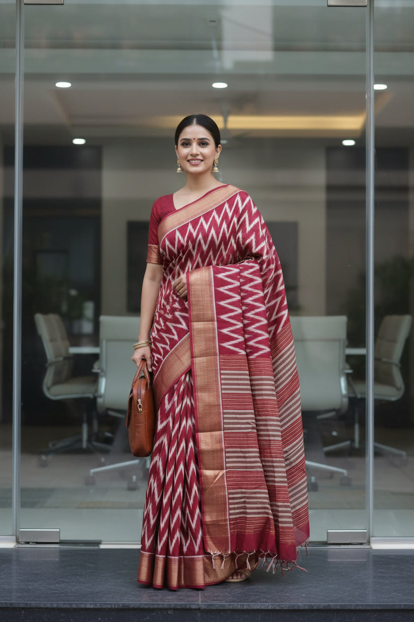 Red Zig Zag Print Dola Silk Print Saree