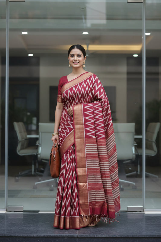 Red Zig Zag Print Dola Silk Print Saree