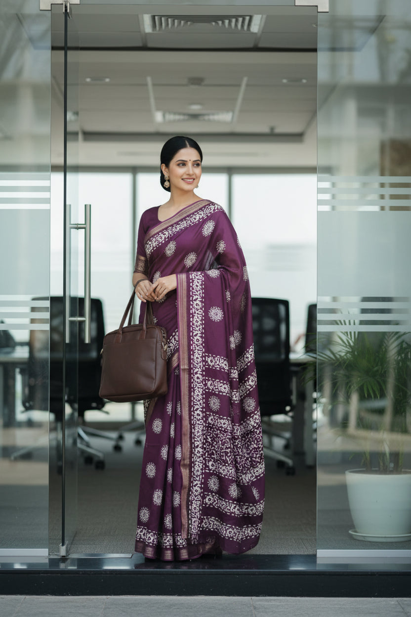 Wine Floral Print Dola Silk Saree