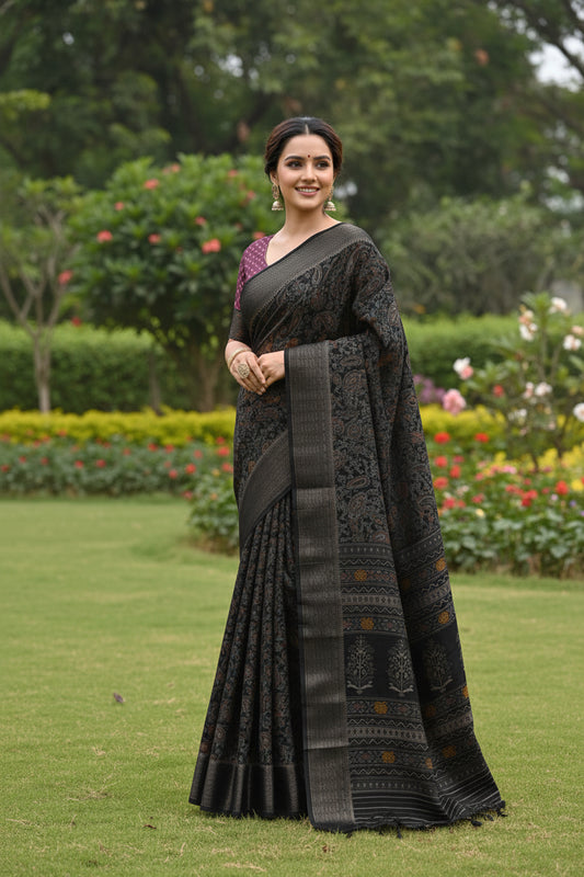 Black Paisley Print Dola Silk Saree