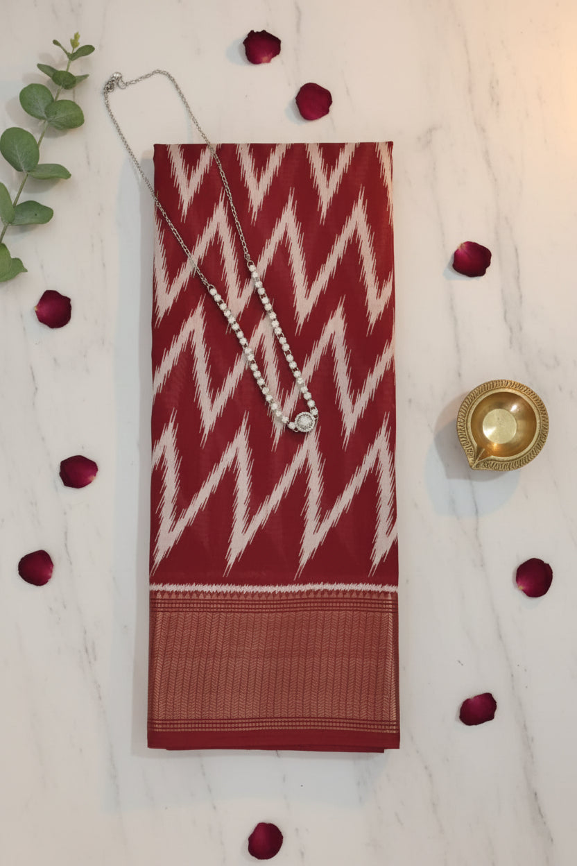 Red Zig Zag Print Dola Silk Print Saree