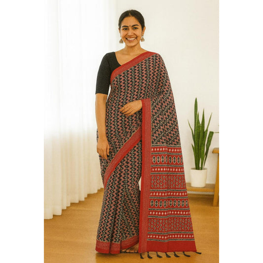 Red & Black Dola Print Saree