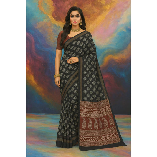 Black Maroon Block Print Voile Saree