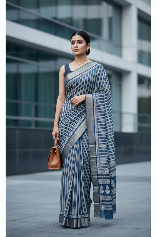 English Blue Stripes Dola Silk Saree