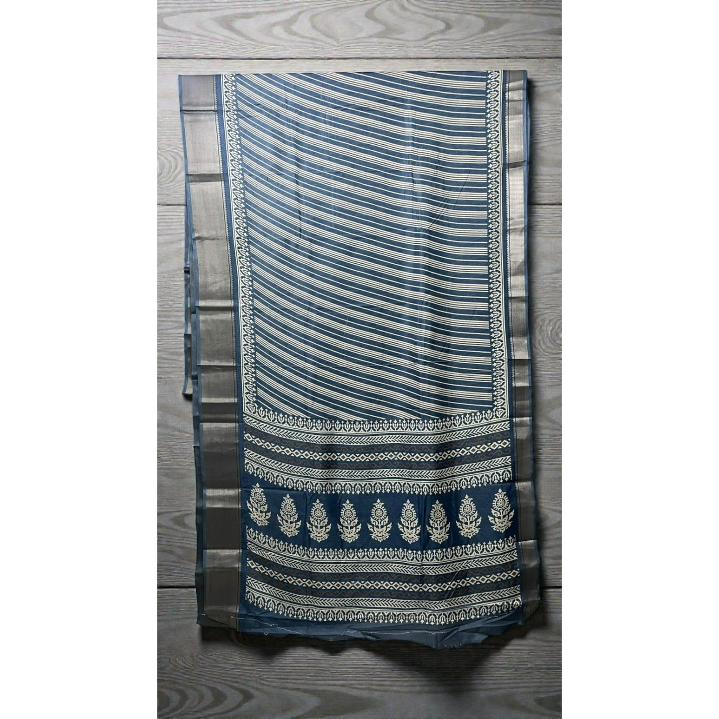English Blue Stripes Dola Silk Saree