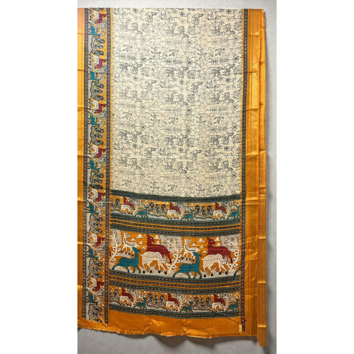 Beige & Mustard Animal Print Dola Silk Saree