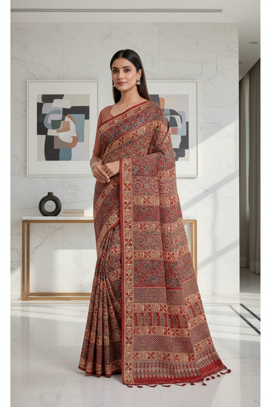 Tomato Red Ajarakh Print Modal Silk Saree