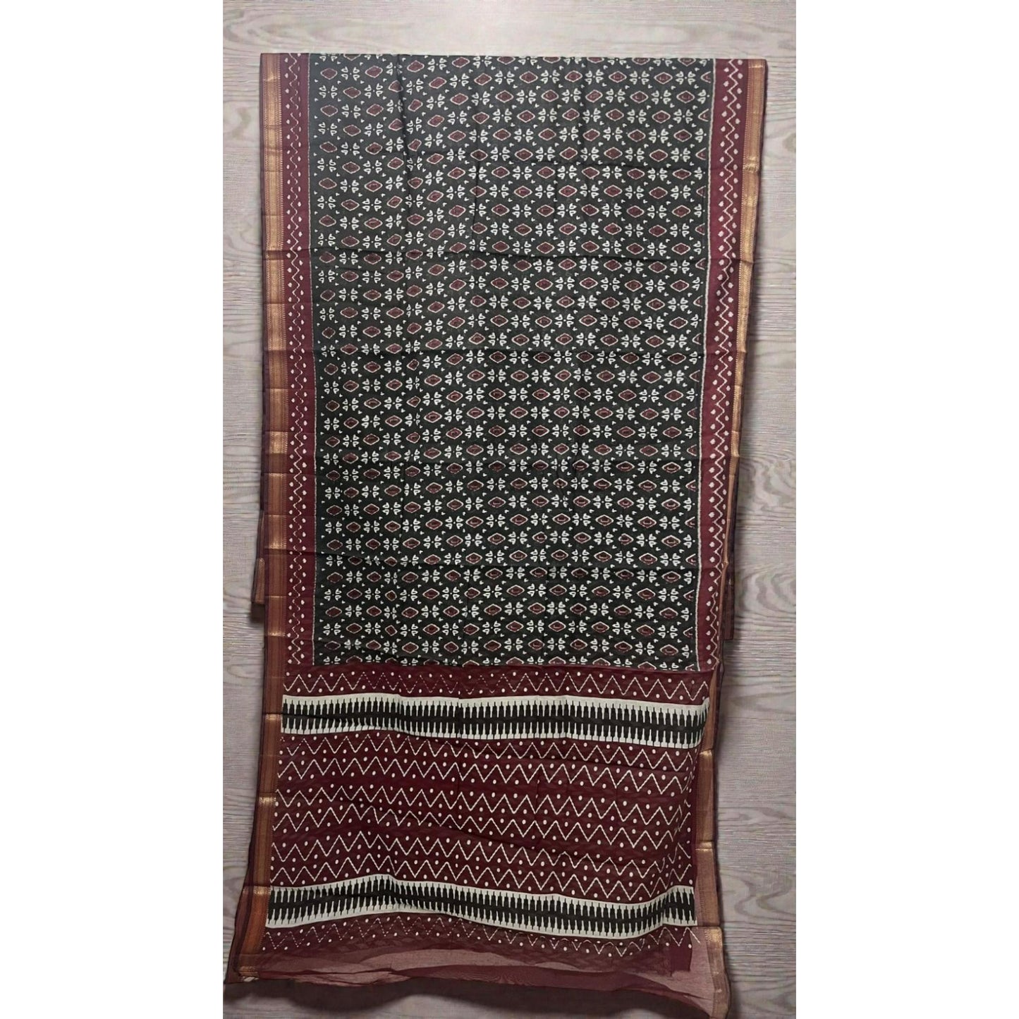 Black Marron Block Print Chanderi Cotton Saree