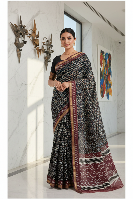Black Marron Block Print Chanderi Cotton Saree