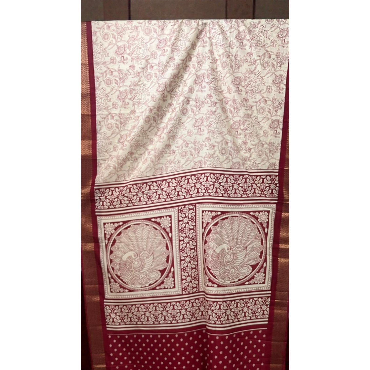 White & Red Animal Print Dola Silk Saree