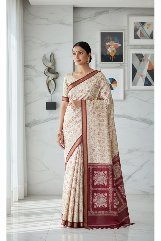 White & Red Animal Print Dola Silk Saree