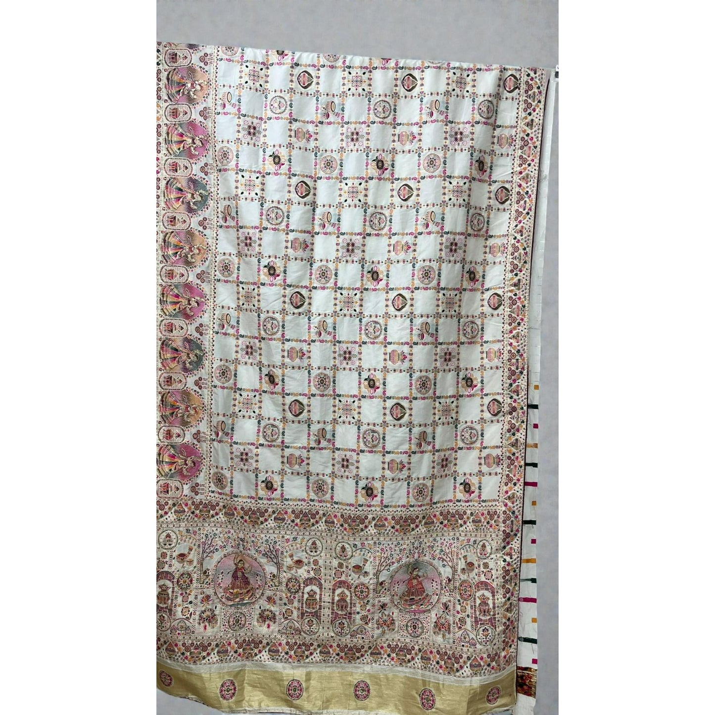 Ivory, Pink & Golden Embroidered Pure Dola Silk Saree