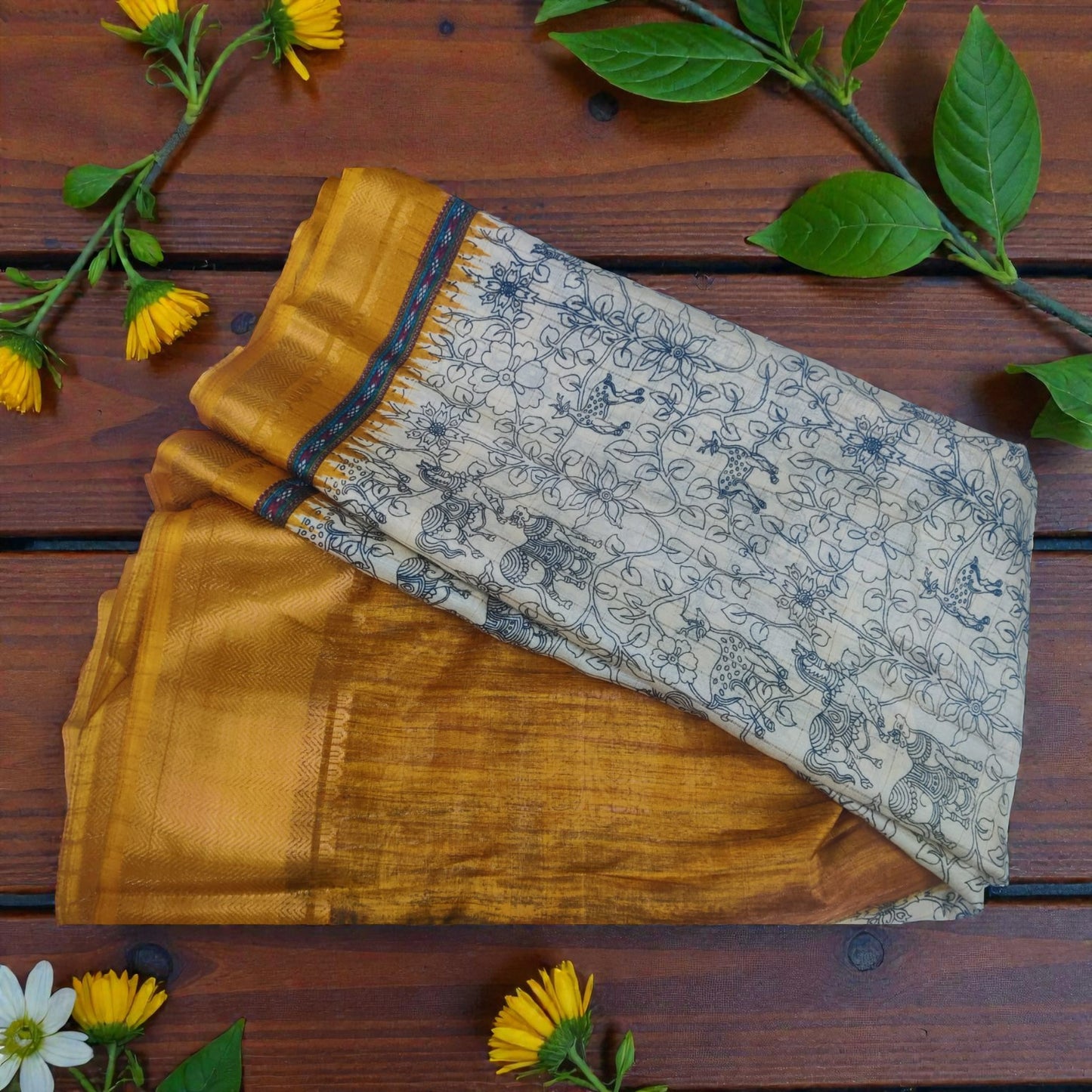 Beige & Mustard Animal Print Dola Silk Saree