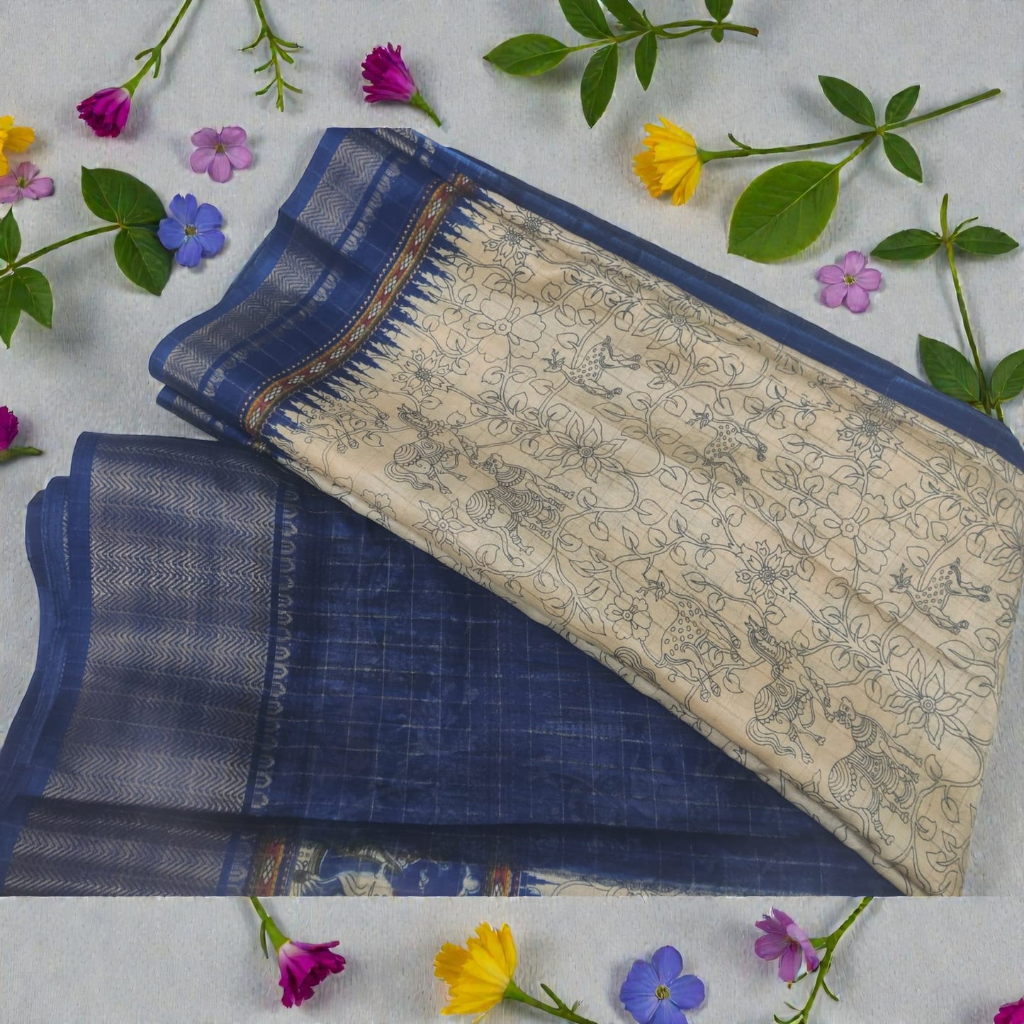 Biege & Blue Animal Print Dola Silk Saree