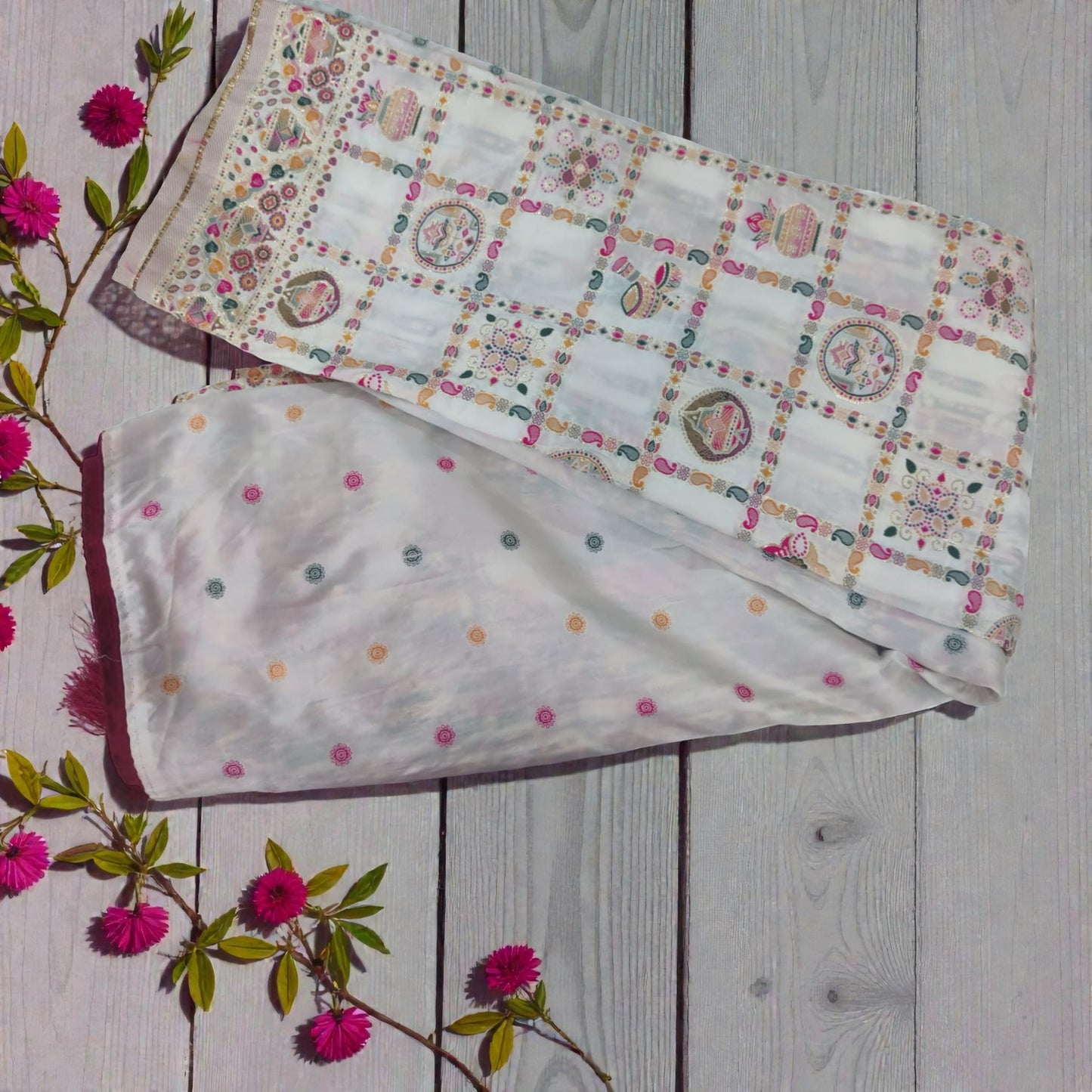 Ivory, Pink & Golden Embroidered Pure Dola Silk Saree