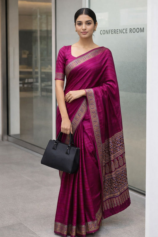 Rani pink Marbel Finish Modal Silk Saree