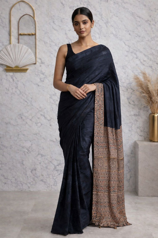Dark Blue Marbel Print Modal Silk Saree