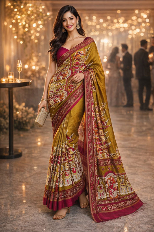Mustard Kalamkari Chanderi Cotton Saree