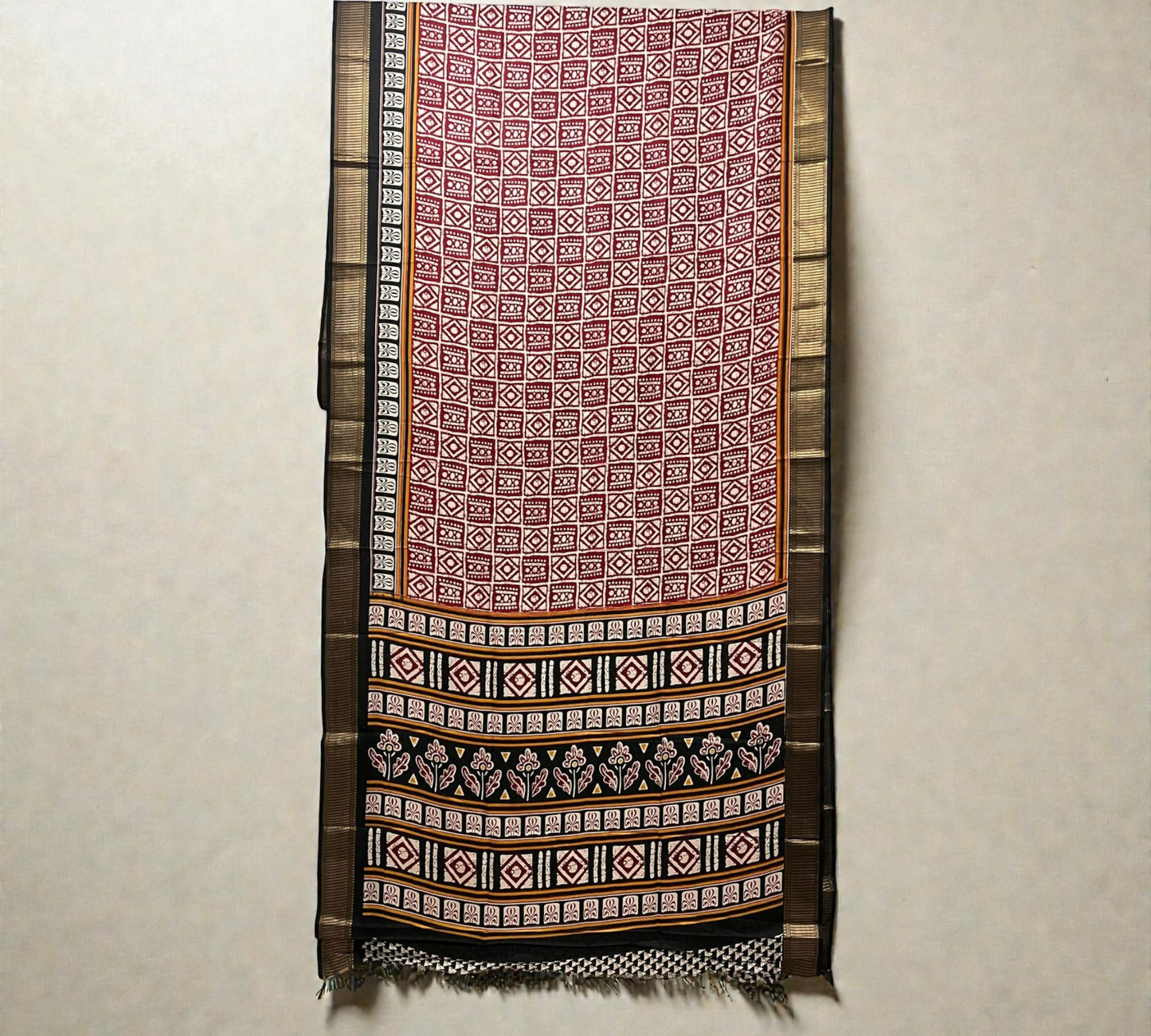 Red, Black & White Geometric Print Dola Silk Saree