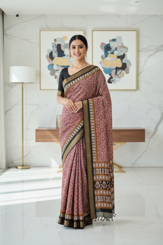 Red, Black & White Geometric Print Dola Silk Saree