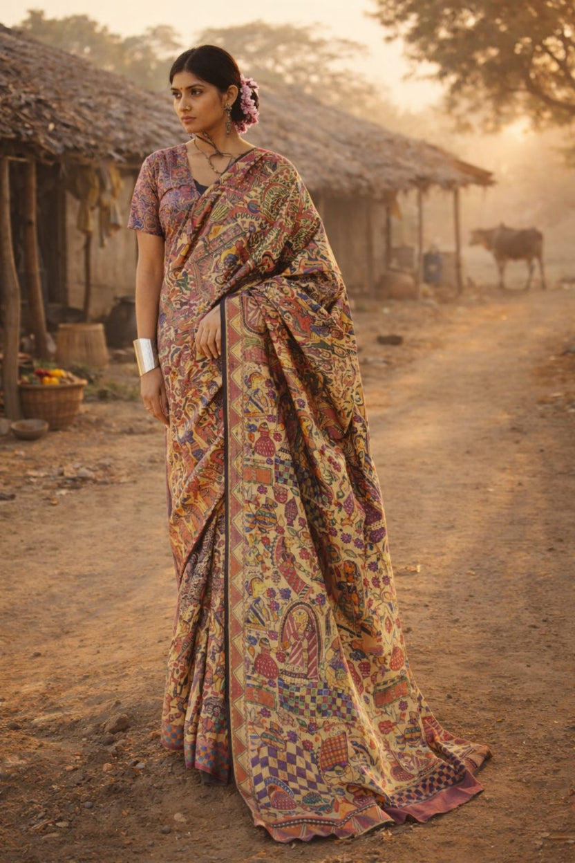 Black & Biege Madhubani Print Art Silk Saree
