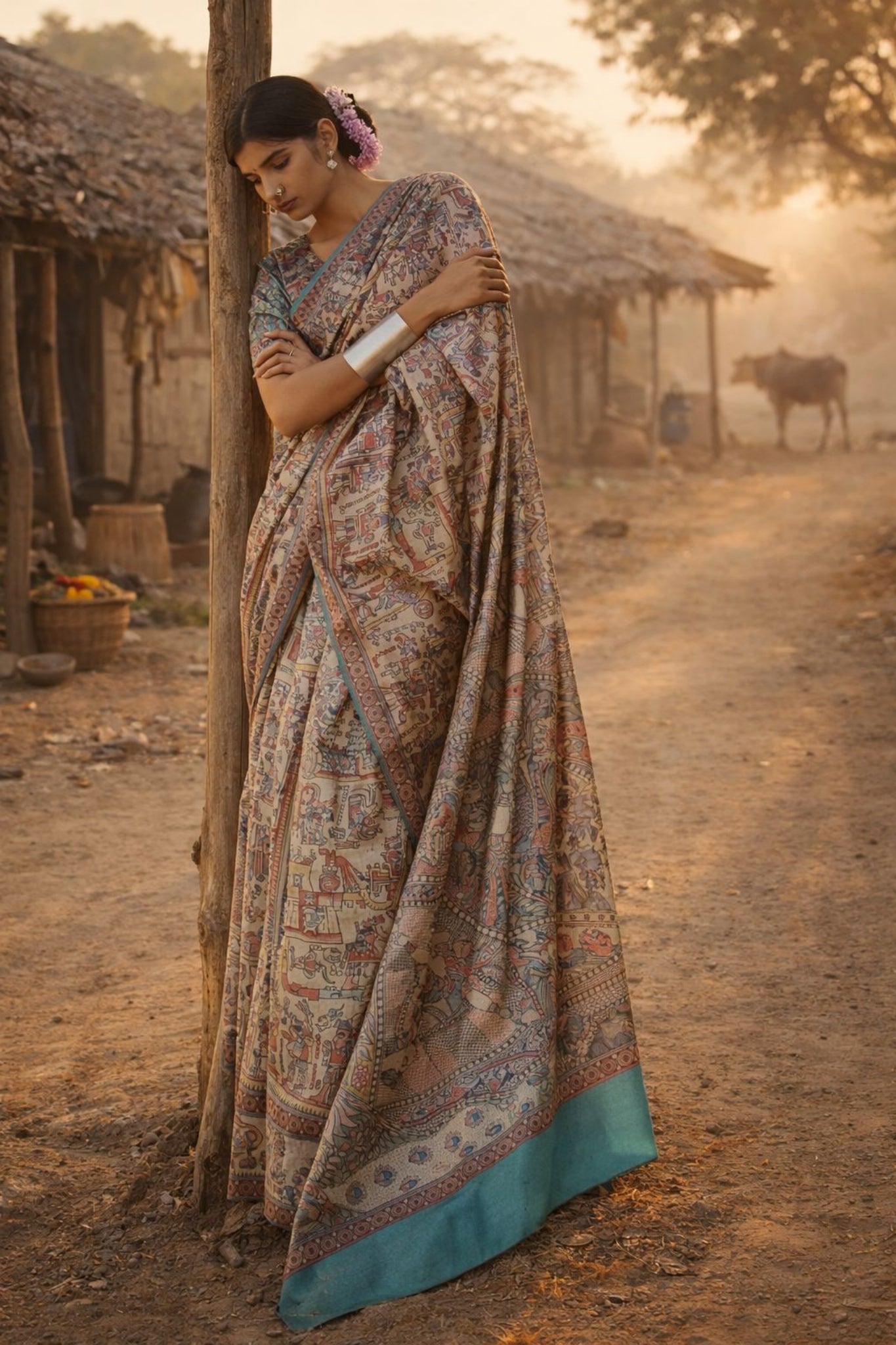 Turquoise Blue Madhubani Print Art Silk Saree