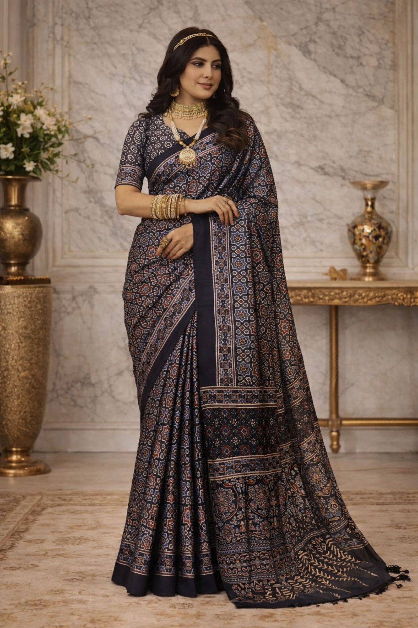 Black & Pink Ajarkh Print Modal Silk Saree