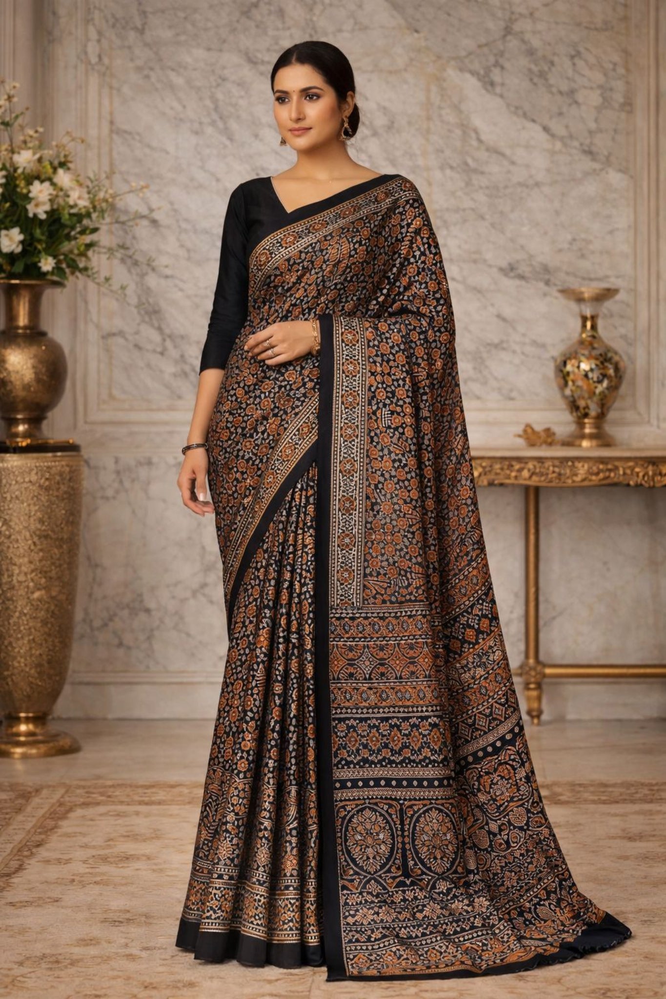 Black & Orange Ajarkh Print Modal Silk Saree