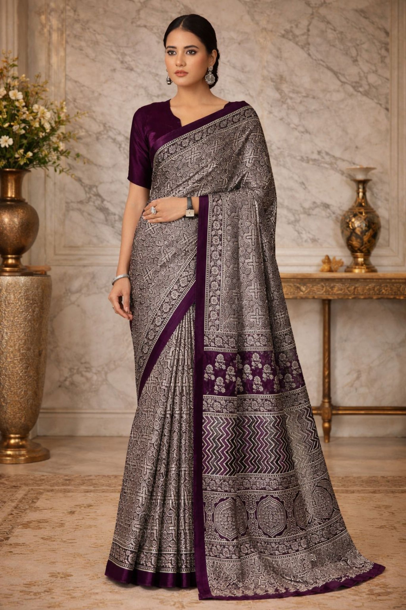 Purple Ajarkh Print Modal Silk Saree