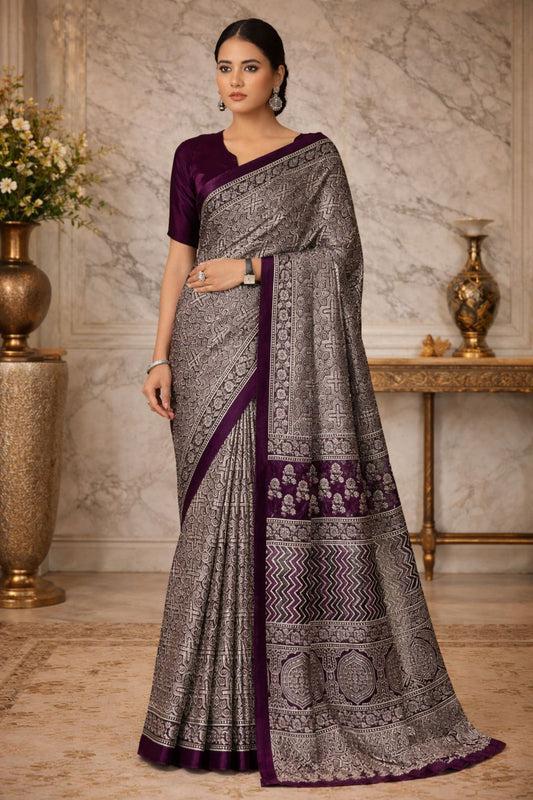 Purple Ajarkh Print Modal Silk Saree