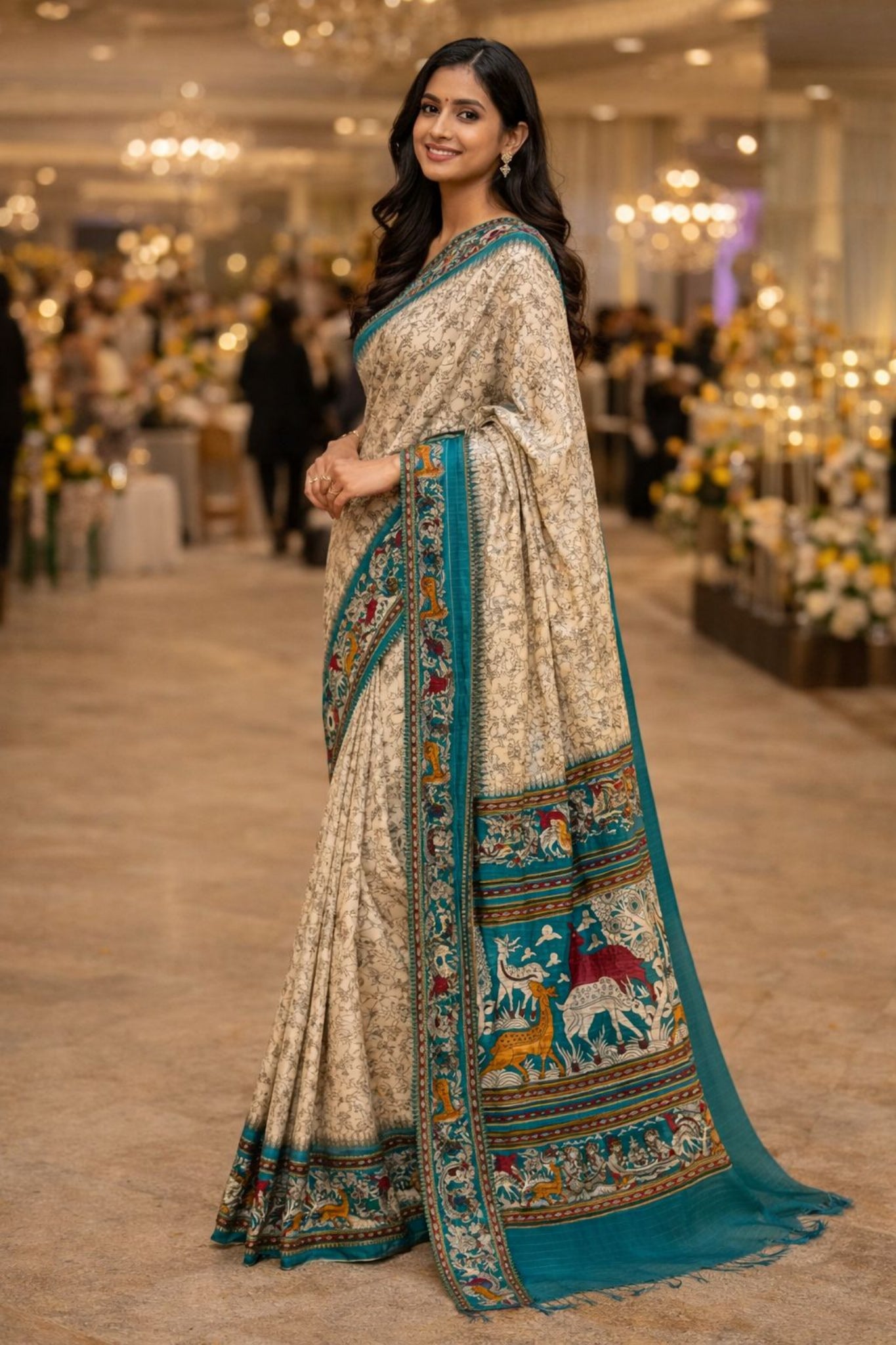 Beige & Rama Green Animal Print Dola Silk Saree