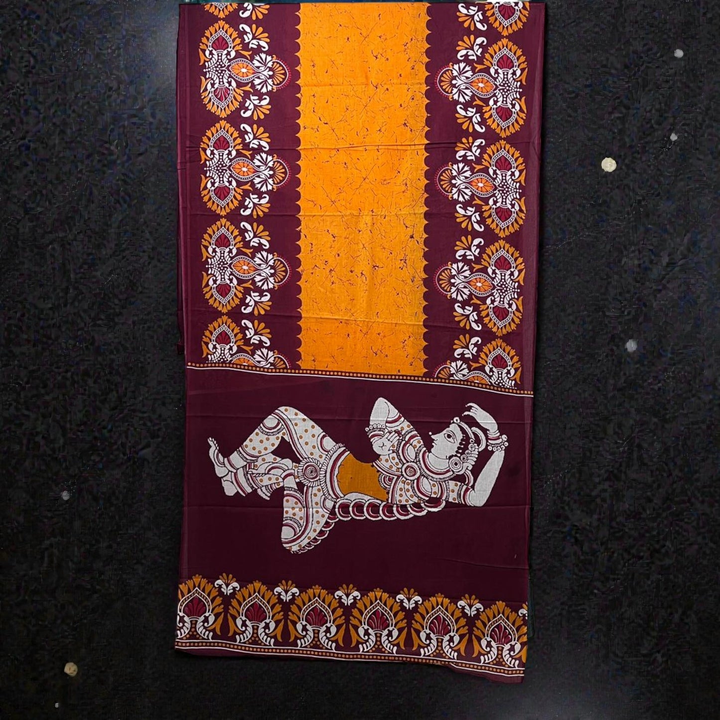 Yellow Maroon Batik Print Mul Cotton Saree