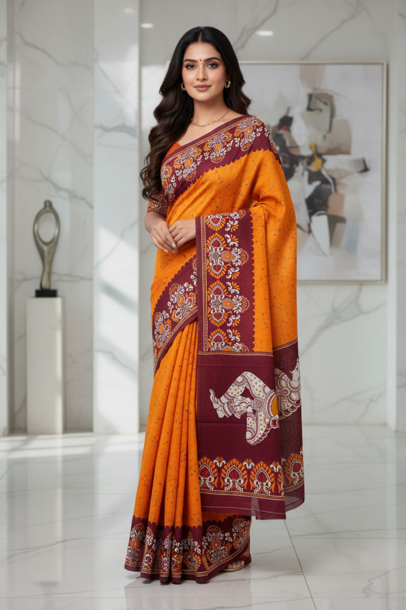 Yellow Maroon Batik Print Mul Cotton Saree