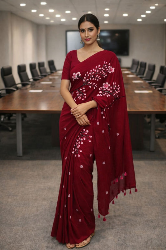 Red Hand Painted Handloom Cotton Saree