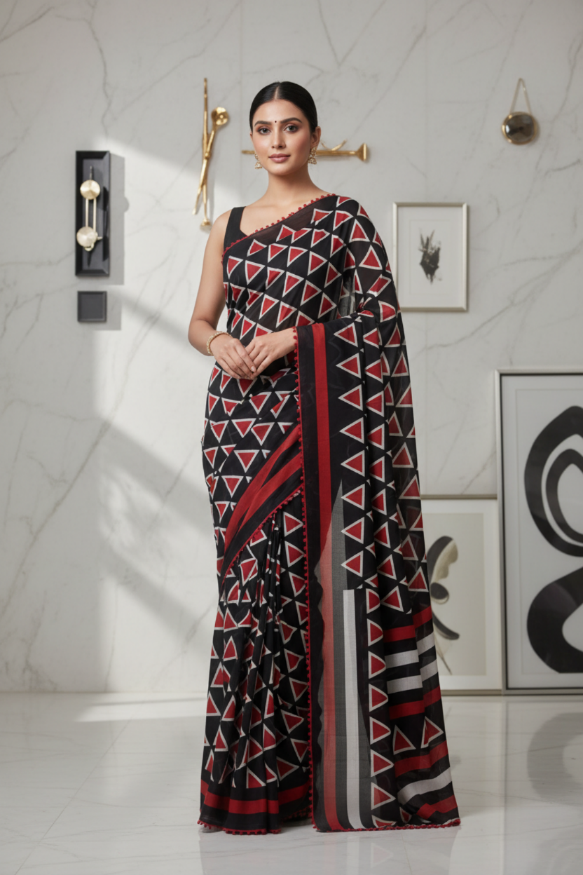 Black & Red Geometric Print Mul Cotton Saree