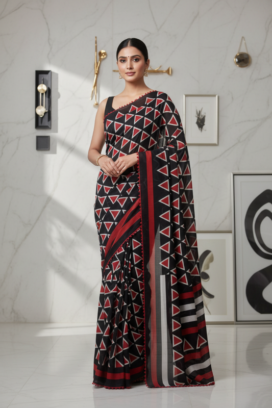 Black & Red Geometric Print Mul Cotton Saree