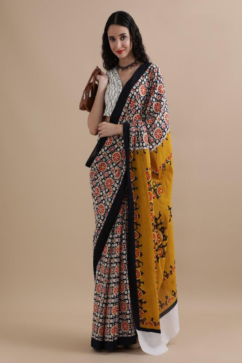 Black Multicolor Ajrakh Print Mul Cotton SAree