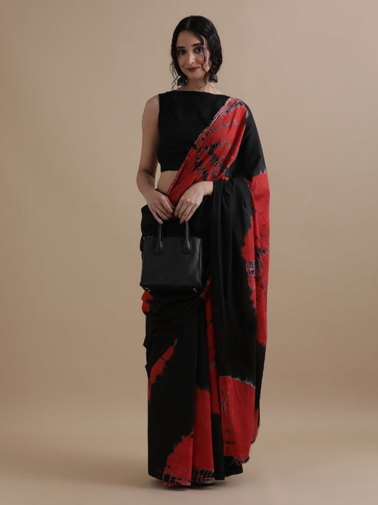 Black & Red Tie & Dye Mul Cotton Saree