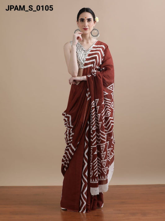 Maroon Tribal Print Mul Cotton Saree