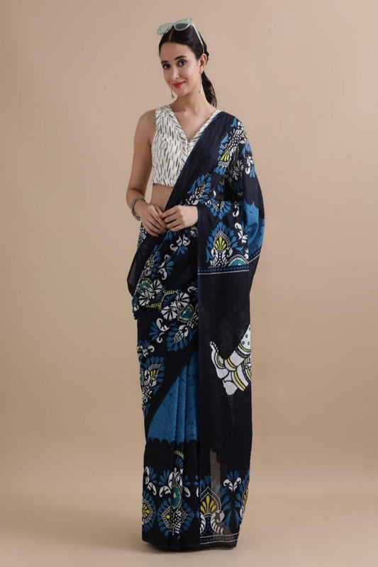 Blue Shades Batik Print Mul Cotton Saree