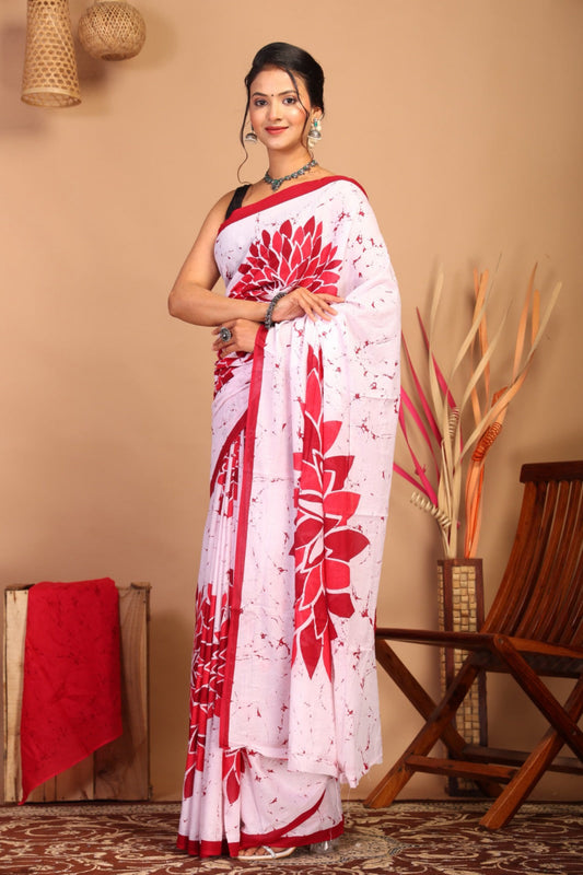 Red & White Floral Print Mul Cotton Saree