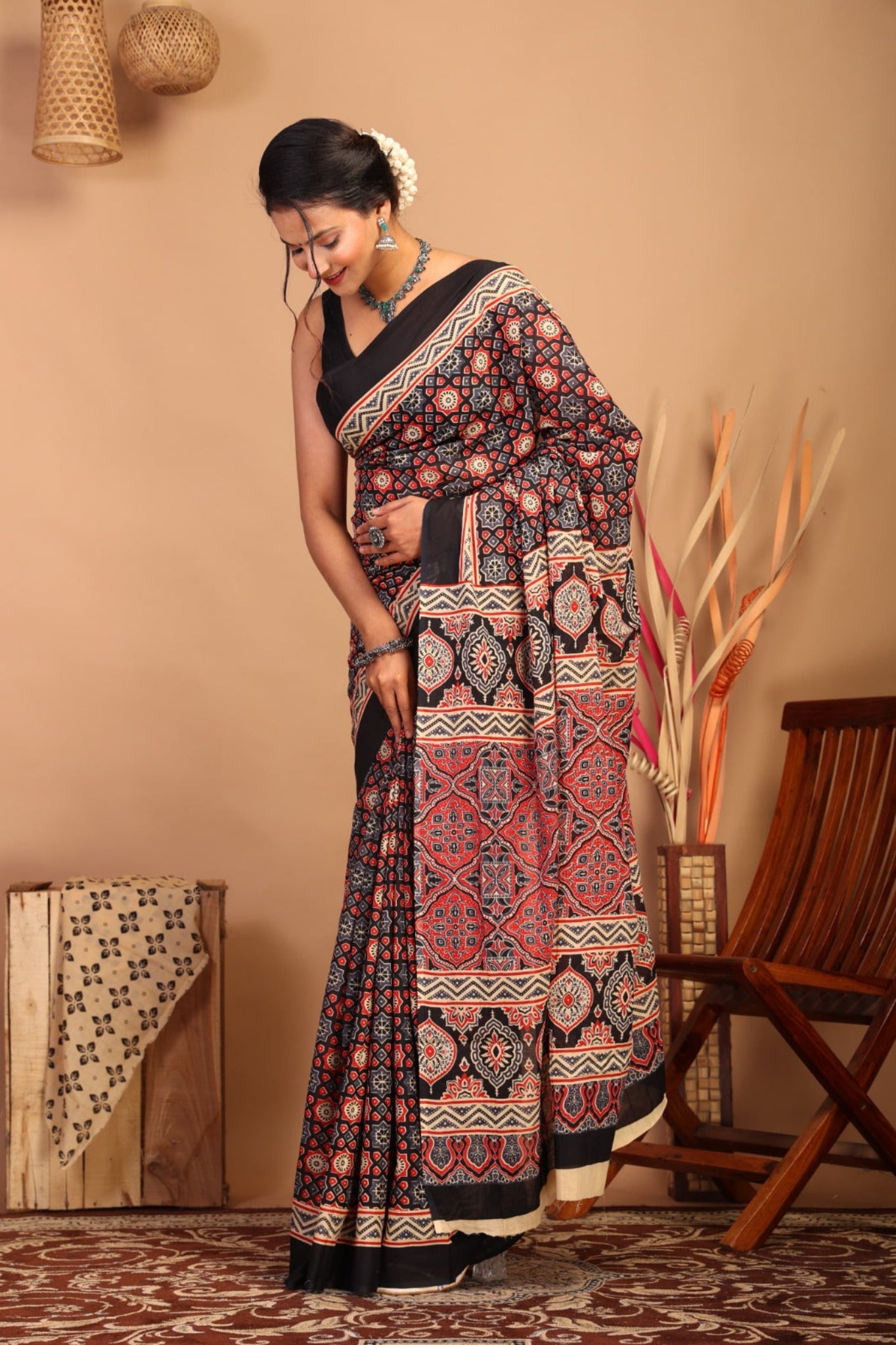 Multicolor Ajarkh Print Mul Cotton Saree