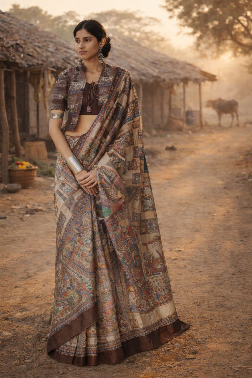 Dark Brown & Beige Madhubani Print Art Silk Saree
