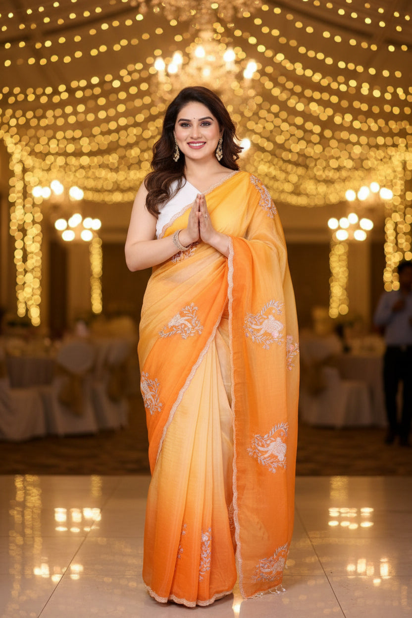 Orange Ombre Embroided Crushed Soft Silk Saree
