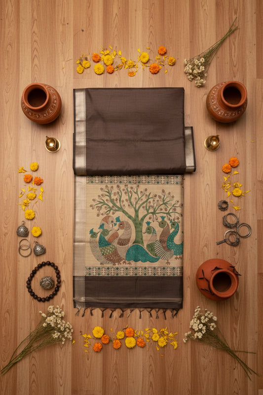 Dark Brown Kalamkari Pallu Raw Silk Saree