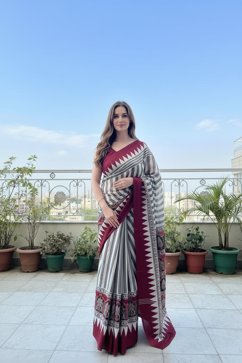 White and Wine Geometric print Satin Saree