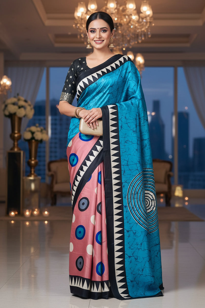 Pink & Blue Evil Eye Print Satin Saree